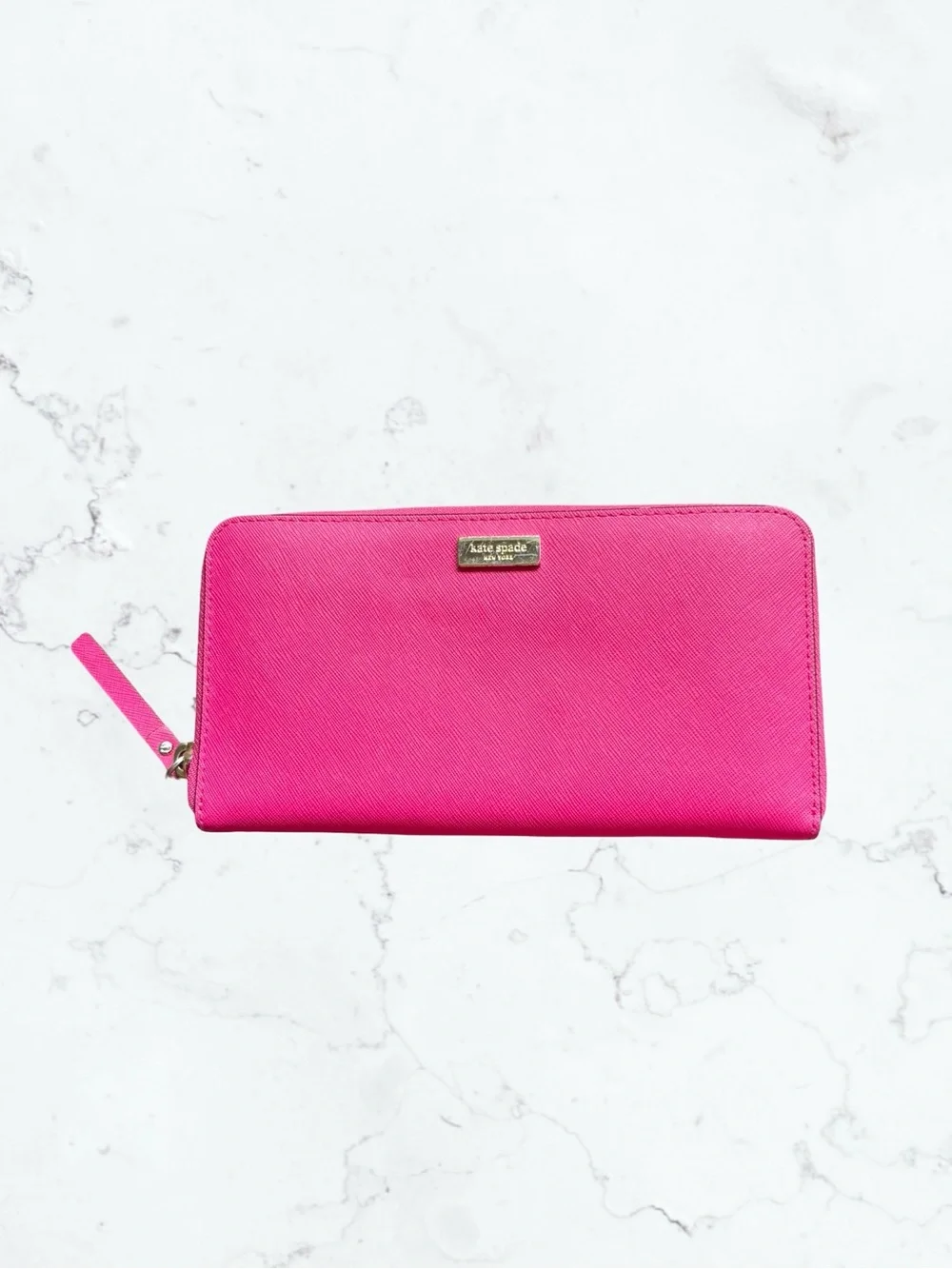 kate spade Hot Pink Zip-Around Saffiano Wallet with Gold Logo